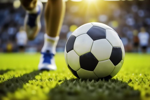Close-up of a black and white soccer ball on a green grass field, with a blurred player about to kick. Sunlight in the stadium adds energy and movement, symbolizing teamwork, sports, and competition