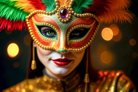 Close-up portrait of a mysterious woman wearing a Venetian carnival mask with golden details and feathers. Elegant costume, festive celebration, and magical atmosphere with bokeh lights.