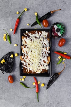 Chilaquiles with chicken and sour cream and sauce with many vegetables on a gray background