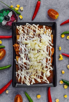 Chilaquiles with chicken and sour cream and sauce with many vegetables on a gray background