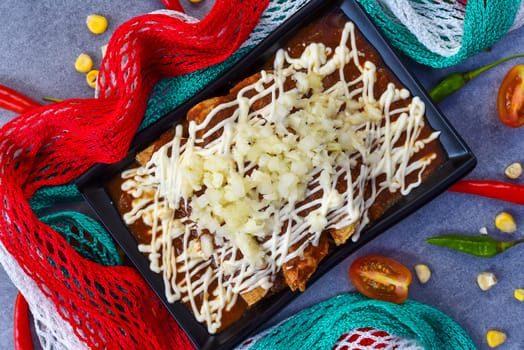 Chilaquiles with chicken and sour cream and sauce with many vegetables on a gray background