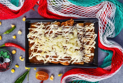 Chilaquiles with chicken and sour cream and sauce with many vegetables on a gray background