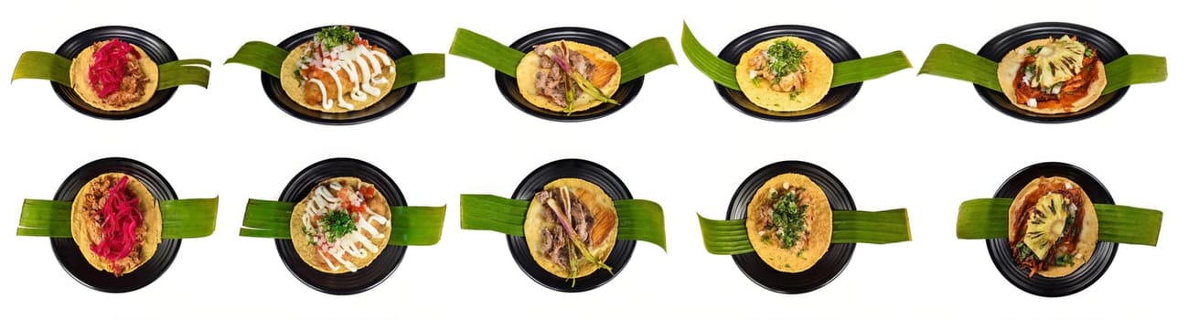 Set or collage of many latin american and different mexican tacos on white background