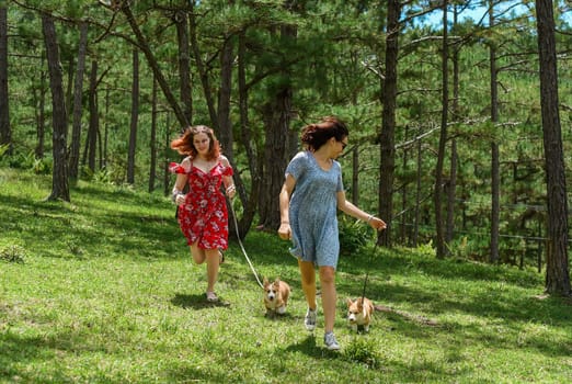 Mother and her daughter running with her corgi dogs in the forest