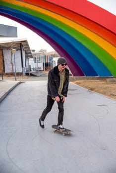 Young man riding a skateboard against composition with rainbow