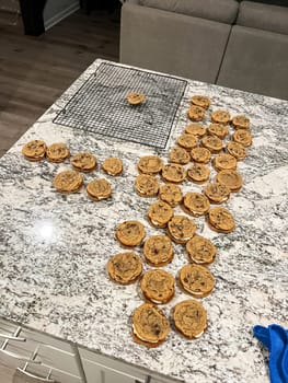 A batch of freshly made homemade cookie sandwiches cooling on a granite kitchen countertop Some are placed on a wire rack while others are spread across the surface Each sandwich consists of two chocolate chip cookies with a creamy frosting filling The cozy kitchen setting showcases a delicious homemade baking project