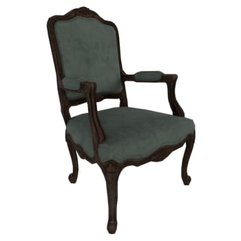 A vintage armchair features dark wood framing and soft green upholstery, perfect for a classic decor.