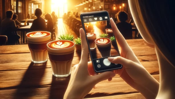 A woman expertly photographs three colorful lattes on a smartphone, the scene bathed in vibrant morning light that enhances the rich hues of the coffee and the welcoming atmosphere of the cafe.