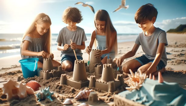 Pure joy of childhood as two boys and two girls build intricate sand castles. Under a clear blue sky, they work with shovels and decorate their creations with natural seaside materials.