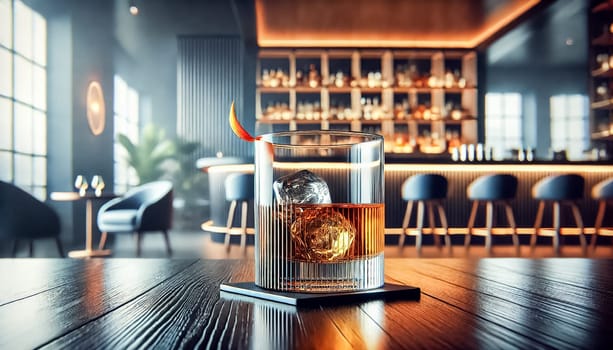 A close-up, angled view of a whiskey glass on a polished wooden table in a luxurious, dimly lit bar. The minimalist glass holds a clear ice cube and an orange peel garnish, highlighted by warm ambient lighting, creating an inviting and sophisticated atmosphere.
