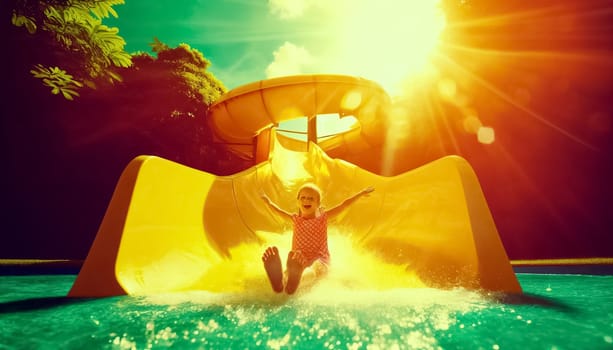This close-up photograph captures the beaming joy of a little girl sliding down a yellow water slide under bright daylight. Her face, lit by natural sunlight, radiates excitement amidst the splashes of water.