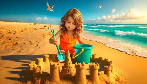 Young girl with wavy brown hair, dressed in a bright orange swimsuit, using a turquoise bucket and yellow spade to build a sandcastle.