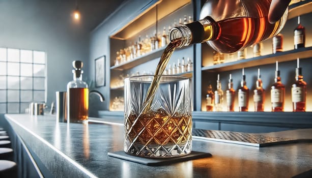 Whiskey is poured into a crystal glass with modern geometric patterns at a sleek, contemporary bar. The setting features clean lines, a polished concrete surface, and stylishly illuminated shelves displaying premium liquors, creating a chic and sophisticated atmosphere.