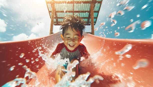 This close-up image beautifully captures a little boy's elated expression as he slides down a light red water slide into a pool. The lively splashes surrounding him enhance the vibrant atmosphere of a sunny day, making it a memorable summer scene.