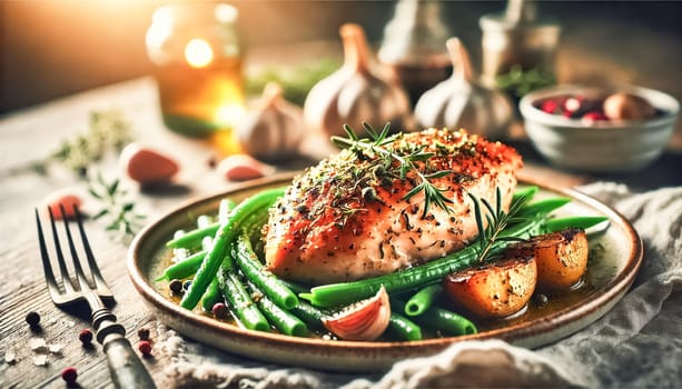 A top-down view of a fully sliced, golden brown roasted chicken breast, arranged on a rustic plate with fresh green beans and roasted baby potatoes. The dish is garnished with herbs and garlic, set on a wooden table under warm, natural lighting.