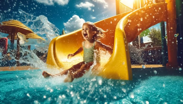 Vividly captures a little girl sliding from a bright yellow water slide into a pool, her face lit up with sheer happiness. The moment she hits the water, a big splash surrounds her, reflecting the sunny, cheerful atmosphere of a perfect summer day.