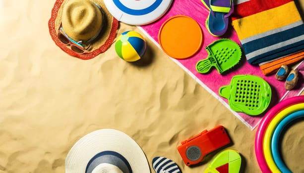 This image features a joyful flat lay arrangement of summer beach toys and essentials such as a frisbee, paddleball set, sun hat, and flip-flops on a sandy background, reflecting the playful spirit of a beach day.
