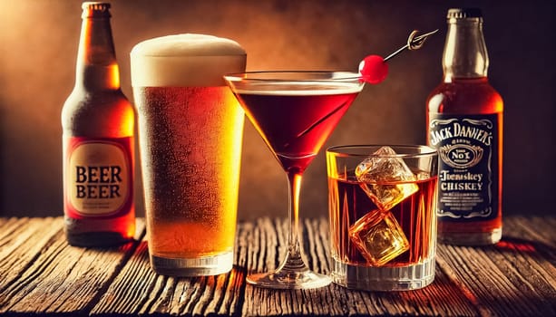 Three classic drinks are beautifully arranged on a rustic wooden table. A frosty amber beer, a Manhattan cocktail with a cherry garnish, and a whiskey on the rocks create a warm, inviting atmosphere.
