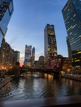 Chicago, Illinois, USA-november 7, 2023-A stunning view of Chicago's downtown area illuminated against the winter night sky.