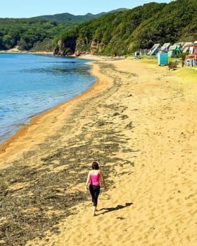 Empty yellow beach with blue water, wooden small houses, green forest. One slim young woman is walking along the coast in the early morning. Japanese sea, summer