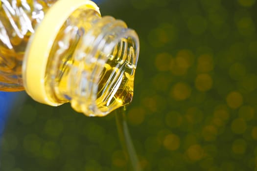 Golden oil flows from a bottle, ready for culinary use or dressing.