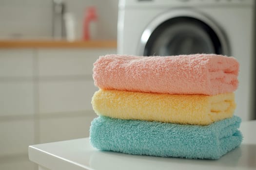 Stack of clean towels on a table in a bright, modern laundry room with a washing machine in the background..