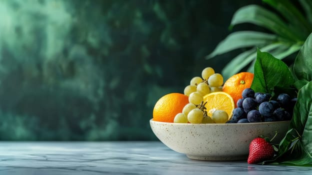 A vibrant bowl of mixed assorted fruits displaying healthy snacks with fresh grapes, orange, and strawberry..