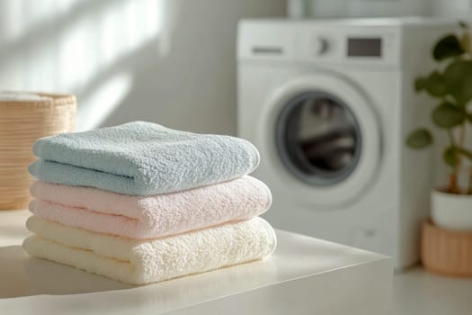 Stack of clean towels on a table in a bright, modern laundry room with a washing machine in the background..