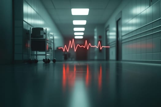A captivating view of a hospital corridor featuring an abstract heartbeat graphic, conveying themes of healthcare and wellness in a calm, sterile environment.