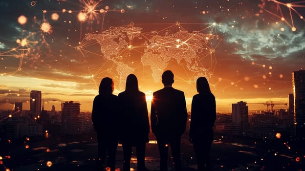 Global communication network concept with interconnected business nodes and human resources collaboration across worldwide platforms..