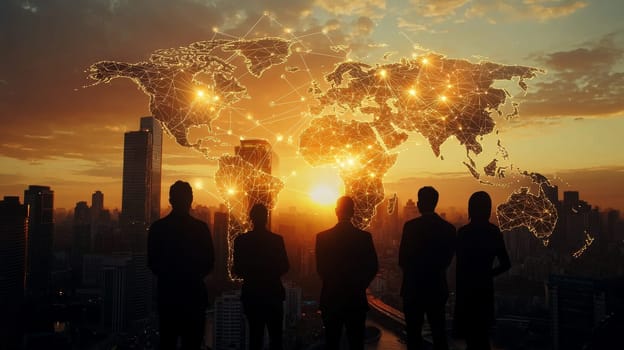 Global communication network concept with interconnected business nodes and human resources collaboration across worldwide platforms..