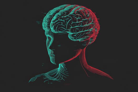 This abstract illustration features a stylized human brain in neon colors, showcasing intricate neural lines and a futuristic design, perfect for technology and science themes.