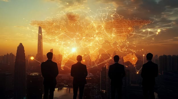 Global communication network concept with interconnected business nodes and human resources collaboration across worldwide platforms..