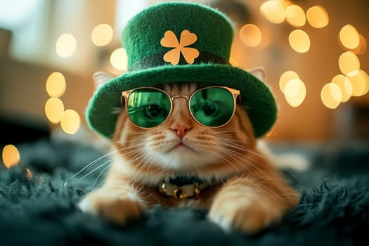 cat with green glasses dressed as a leprechaun for St. Patrick's Day, wearing a hat and green scarf and surrounded by lucky clovers..