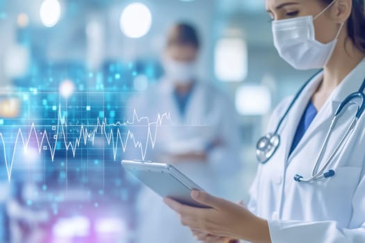 A healthcare professional in a medical mask utilizes a tablet to check patient data, showcasing modern technology in a hospital environment for effective monitoring.