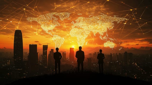 Global communication network concept with interconnected business nodes and human resources collaboration across worldwide platforms..