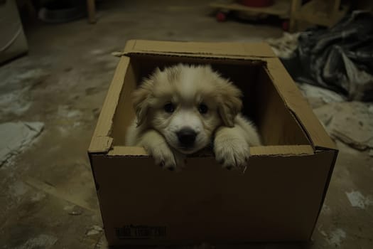 A charming puppy rests its paws on the edge of a cardboard box, showcasing its fluffy coat and curious expression in a playful indoor environment.