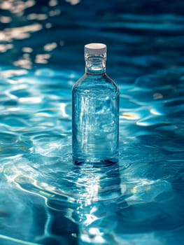glass bottle of water on swimming pool background ..