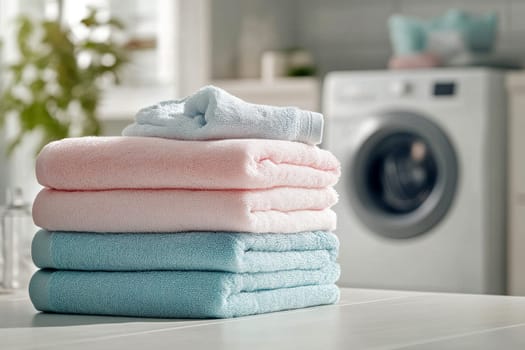 Stack of clean towels on a table in a bright, modern laundry room with a washing machine in the background..