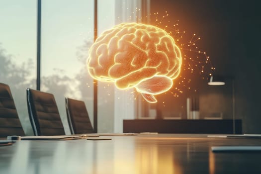 A modern office scene showcasing a holographic brain, symbolizing creativity, innovation, and collaboration. The bright visual signifies ideas and future thinking.