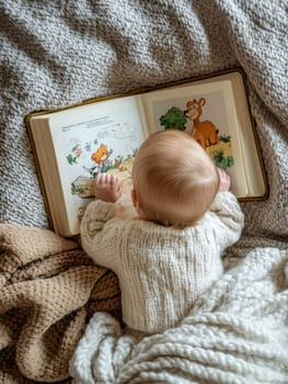A baby is reading a cartoon animal book while laying on a bed..