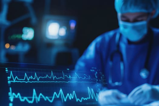 A dedicated medical professional focuses on monitoring a patient's heartbeat displayed on a high-tech screen in a modern hospital environment, showcasing advanced healthcare technology.