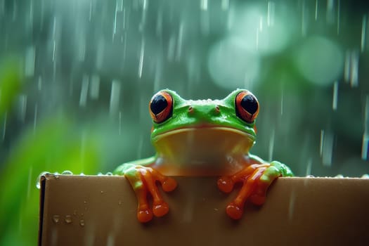 A charming frog perched on a box, surrounded by rain droplets and lush green foliage, captures the essence of nature in a vibrant scene.
