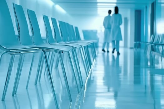 A modern medical waiting area features a row of empty chairs and two doctors conversing. The blue-tinted light enhances the clean and sterile environment.