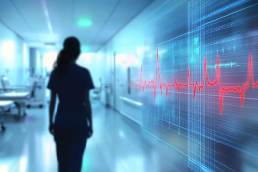 A healthcare professional walks through a modern hospital corridor, with a heartbeat visualization glowing on the wall, symbolizing patient monitoring and care.