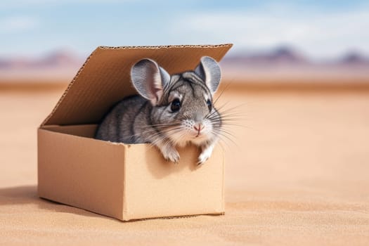 A charming chinchilla relaxes in a small cardboard box against a serene desert landscape, capturing the beauty and playful spirit of this small pet.