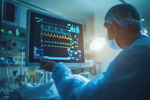 A medical professional carefully monitors patient vital signs displayed on an advanced ECG monitor in a hospital. The focused environment reflects dedication to healthcare.