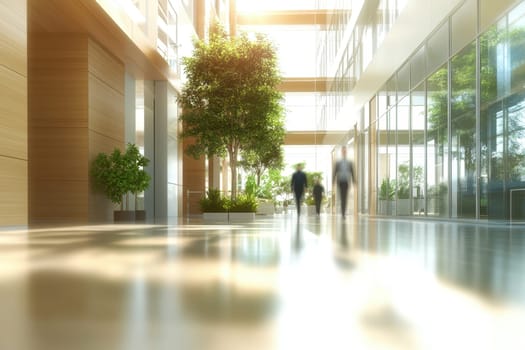 This image showcases a bright modern office interior featuring large windows, lush greenery, and a serene atmosphere, perfect for promoting a productive workspace.