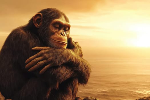 A serene ape contemplates life against a backdrop of a stunning sunset over the ocean, capturing the essence of peace and tranquility in nature.