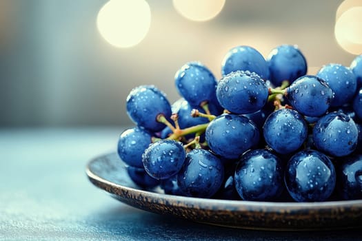 A stunning close-up of fresh blue grapes adorned with water droplets, resting on a dark plate. Soft blurred lights create a bright and inviting atmosphere.